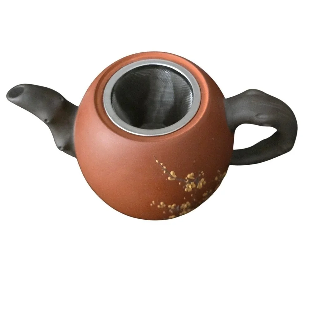 Yixing Zisha Clay Teapot Set Hand Painted Plum Blossom Branch 3pc Tea Set‎ Brown
